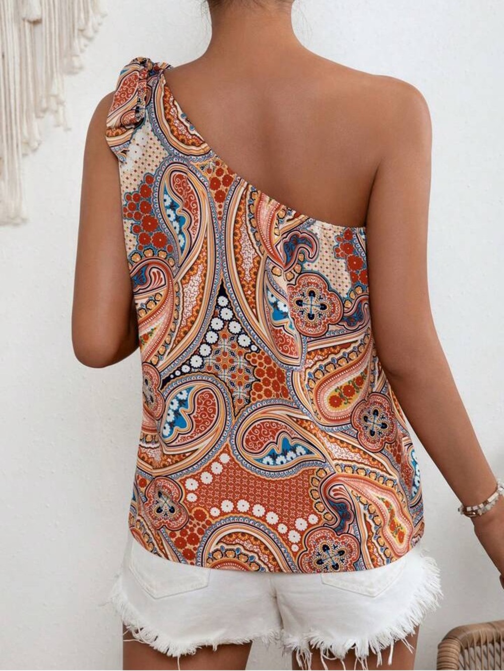 064 One-Shoulder Paisley Print Top in Orange and Blue XL - Picture 2 of 5